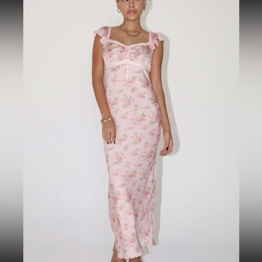 Pink floral maxi satin dress with lace up front